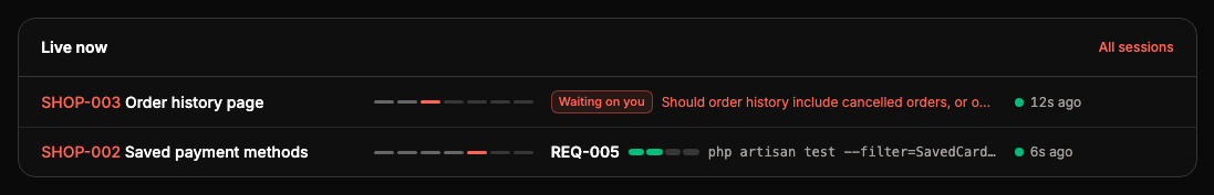 Live now with SHOP-003 waiting on you about cancelled orders and SHOP-002 working on REQ-005.