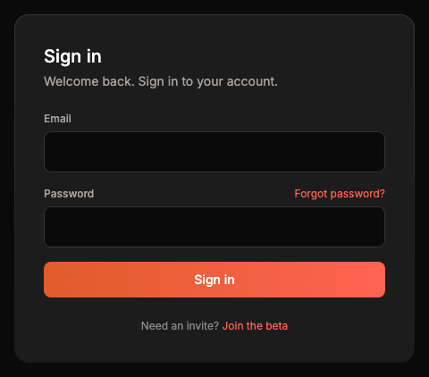 The Sign in card with Email and Password fields, a Forgot password link and a Join the beta link for people without an invite.