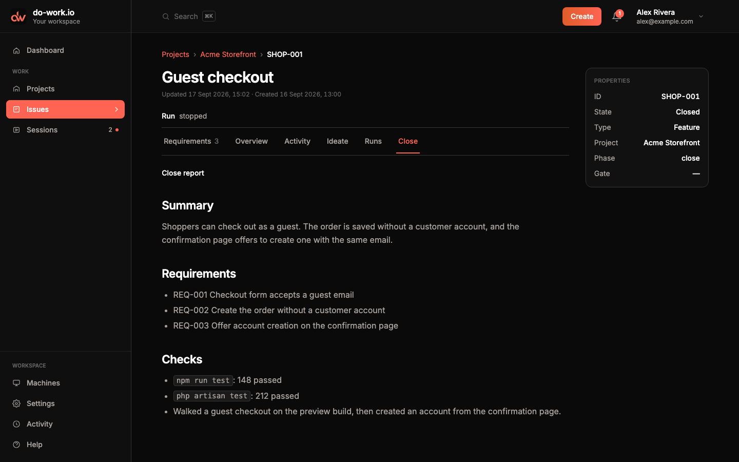 The Close tab on the closed SHOP-001 Guest checkout Issue, showing the summary, the three requirements and the checks that passed.