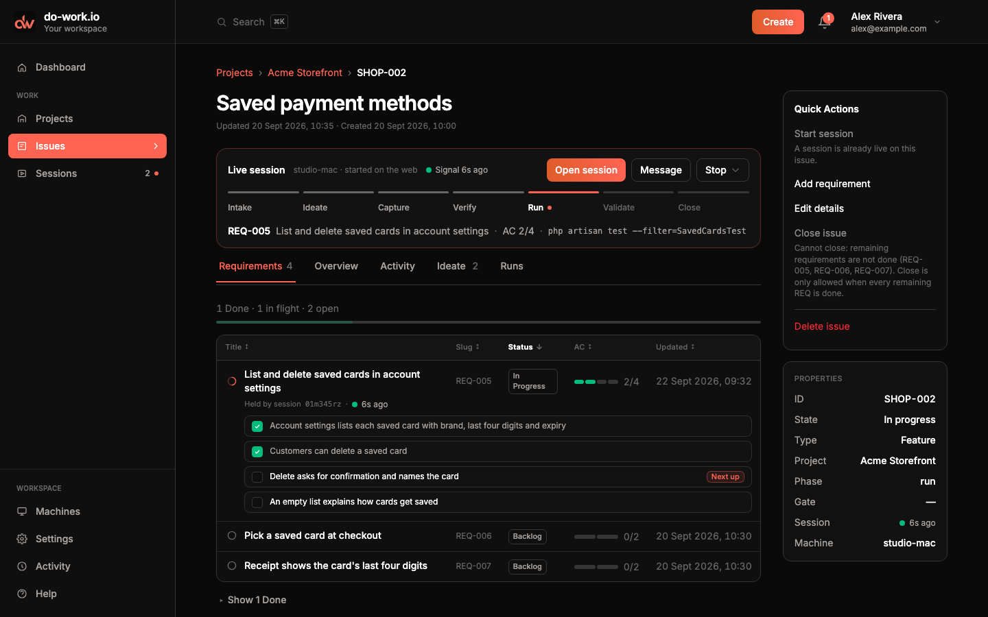 The SHOP-002 Saved payment methods Issue: a live session strip, the Requirements tab with REQ-005 held by a session and its criteria, and the Quick Actions and Properties rail.