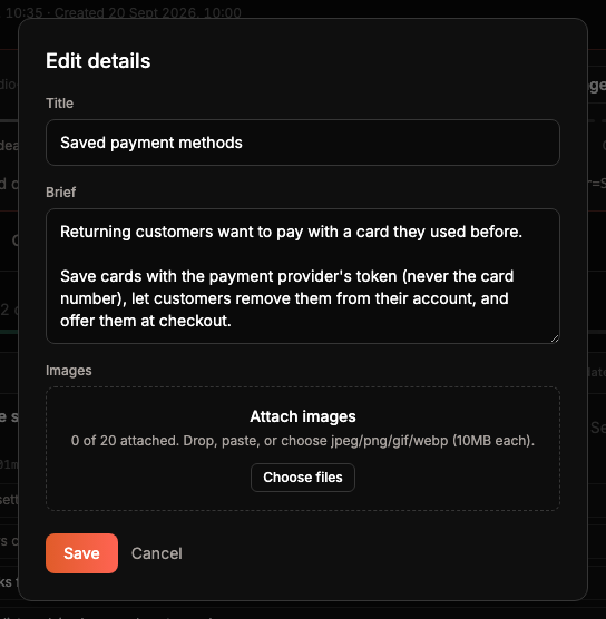 The Edit details form for Saved payment methods with Title, Brief and Images.