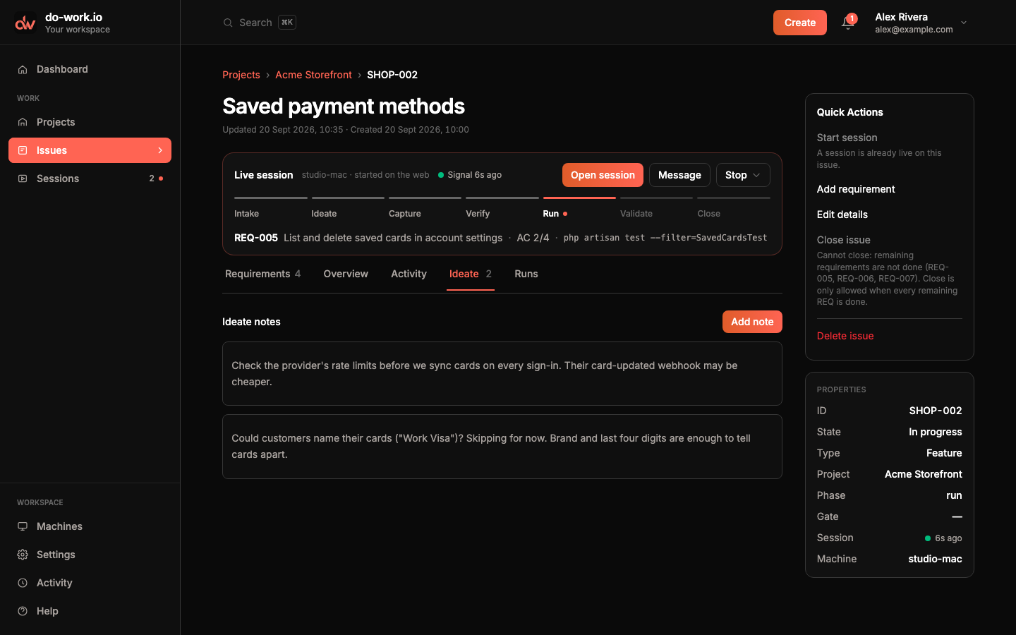The Ideate tab with two notes about naming saved cards and the provider's rate limits.