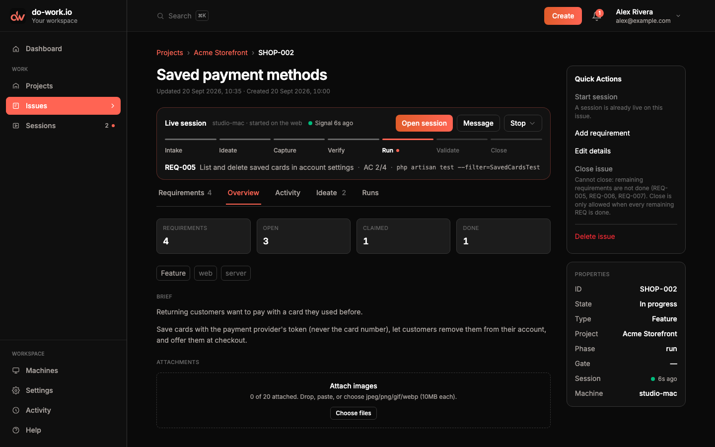 The Overview tab: counts of 4 requirements, 3 open, 1 claimed, 1 done; Feature, web and server tags; the brief; and the image drop zone.
