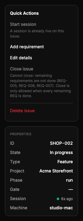 Quick Actions (Start session, Add requirement, Edit details, Close issue with the reason it is disabled, Delete issue) and Properties (ID, State, Type, Project, Phase, Gate, Session, Machine).