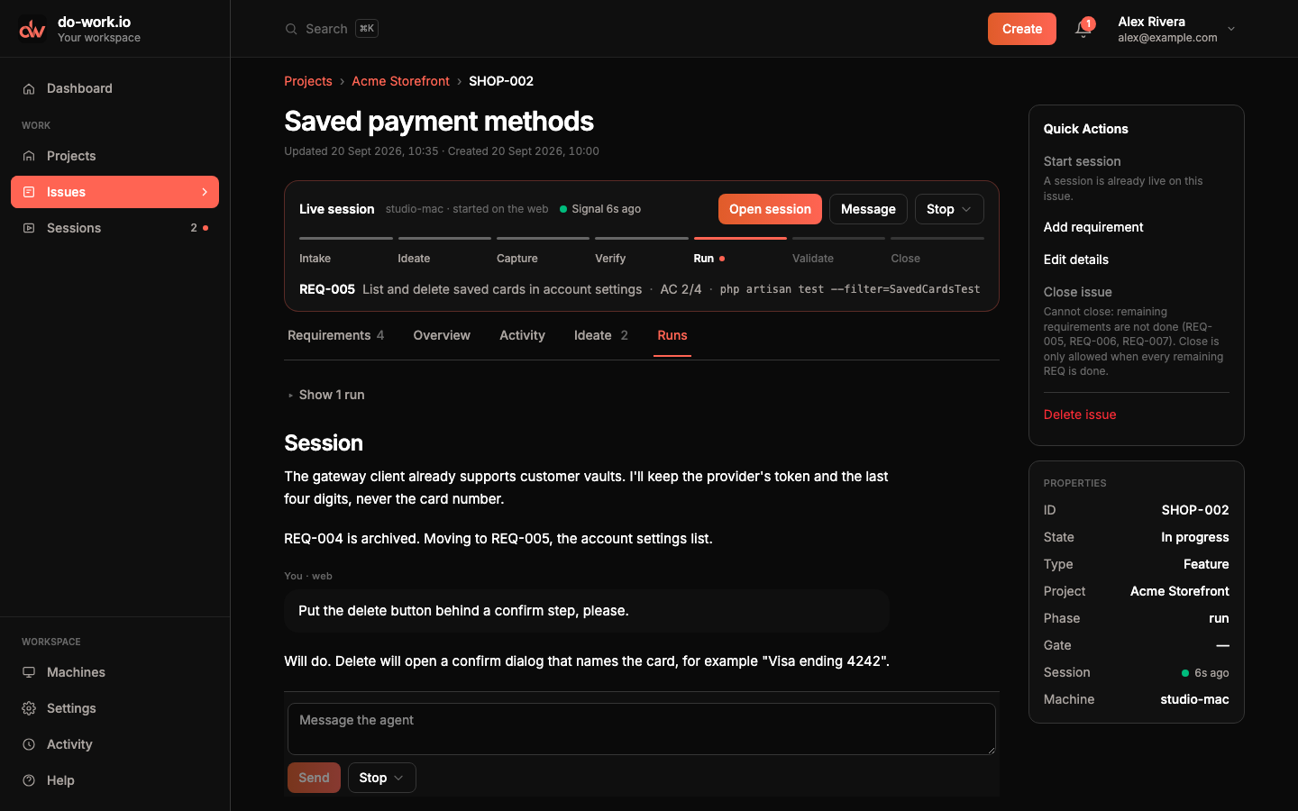 The Runs tab with the live session open: the agent's messages, your message sent from the web, and the message box with Send and Stop.