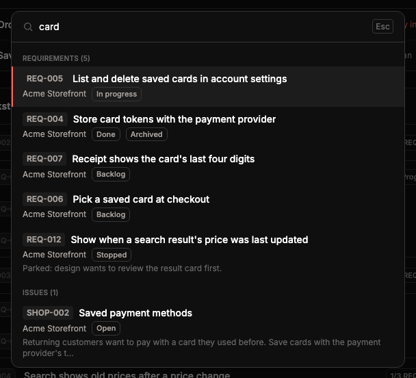 Search for "card" showing five requirements and one issue from Acme Storefront.