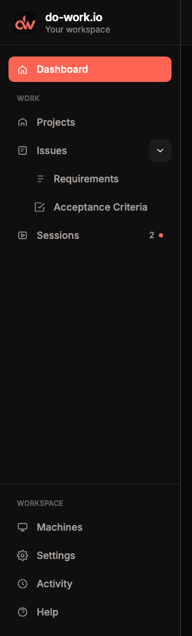 The sidebar with Dashboard, Projects, Issues (opened to show Requirements and Acceptance Criteria), Sessions with two live, and the Workspace links.