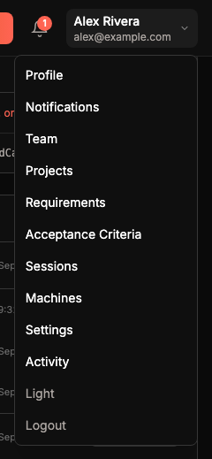 The user menu open under Alex Rivera's name, listing Profile, Notifications, Team, the main pages, Light and Logout.