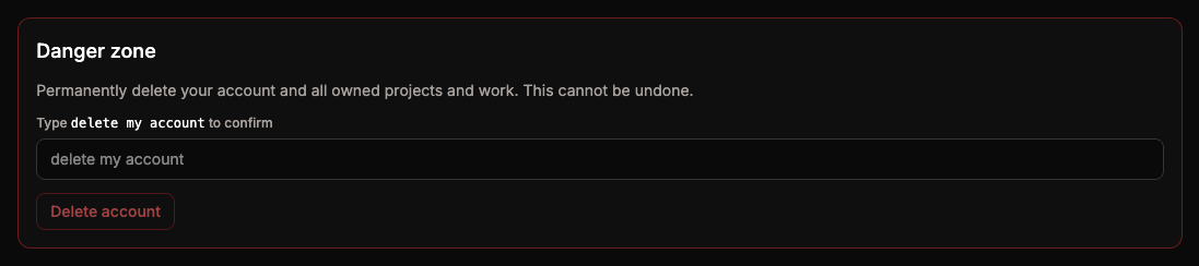 The Danger zone with the confirmation field and the Delete account button.