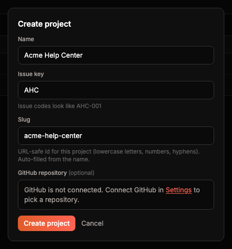 The Create project form for "Acme Help Center" with the derived key AHC and slug acme-help-center.