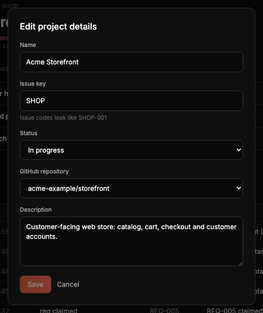 The Edit project details form for Acme Storefront: name, issue key SHOP, status In progress, repository acme-example/storefront and a description.