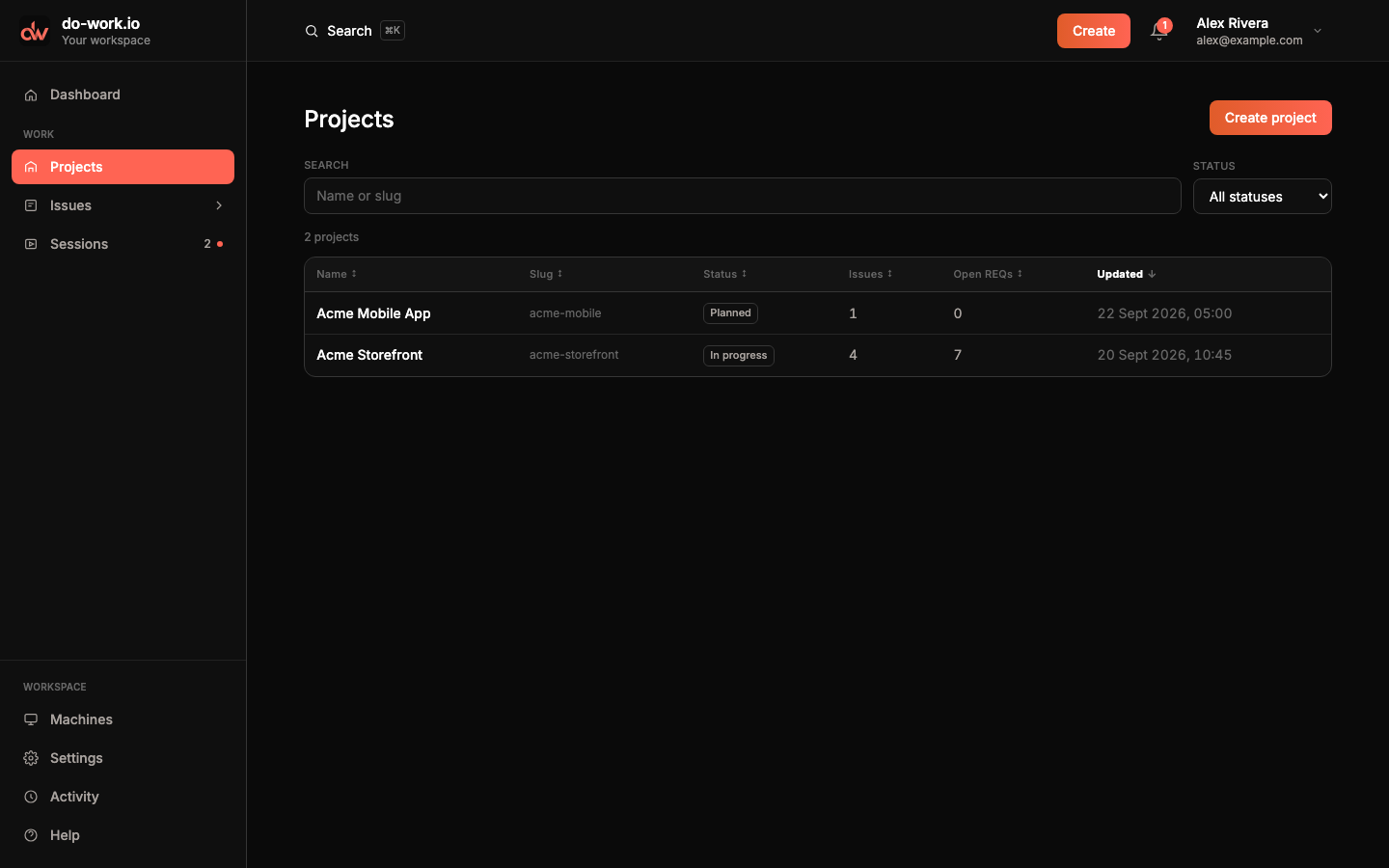The Projects list with Acme Mobile App (Planned, 1 issue) and Acme Storefront (In progress, 4 issues, 7 open REQs).