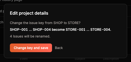 The re-key confirm step: "Change the issue key from SHOP to STORE?", SHOP-001 to SHOP-004 become STORE-001 to STORE-004, 4 Issues will be renamed.