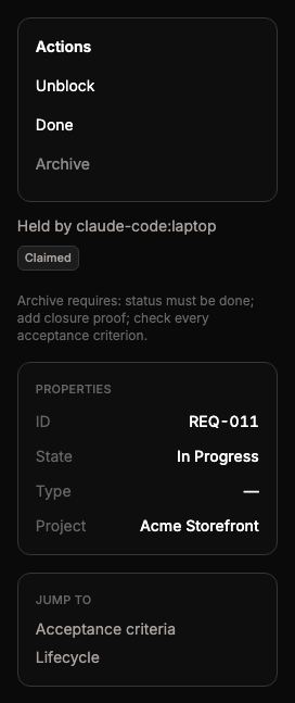 The rail for REQ-011, held by claude-code:laptop and marked Claimed, with Unblock, Done and a greyed-out Archive.