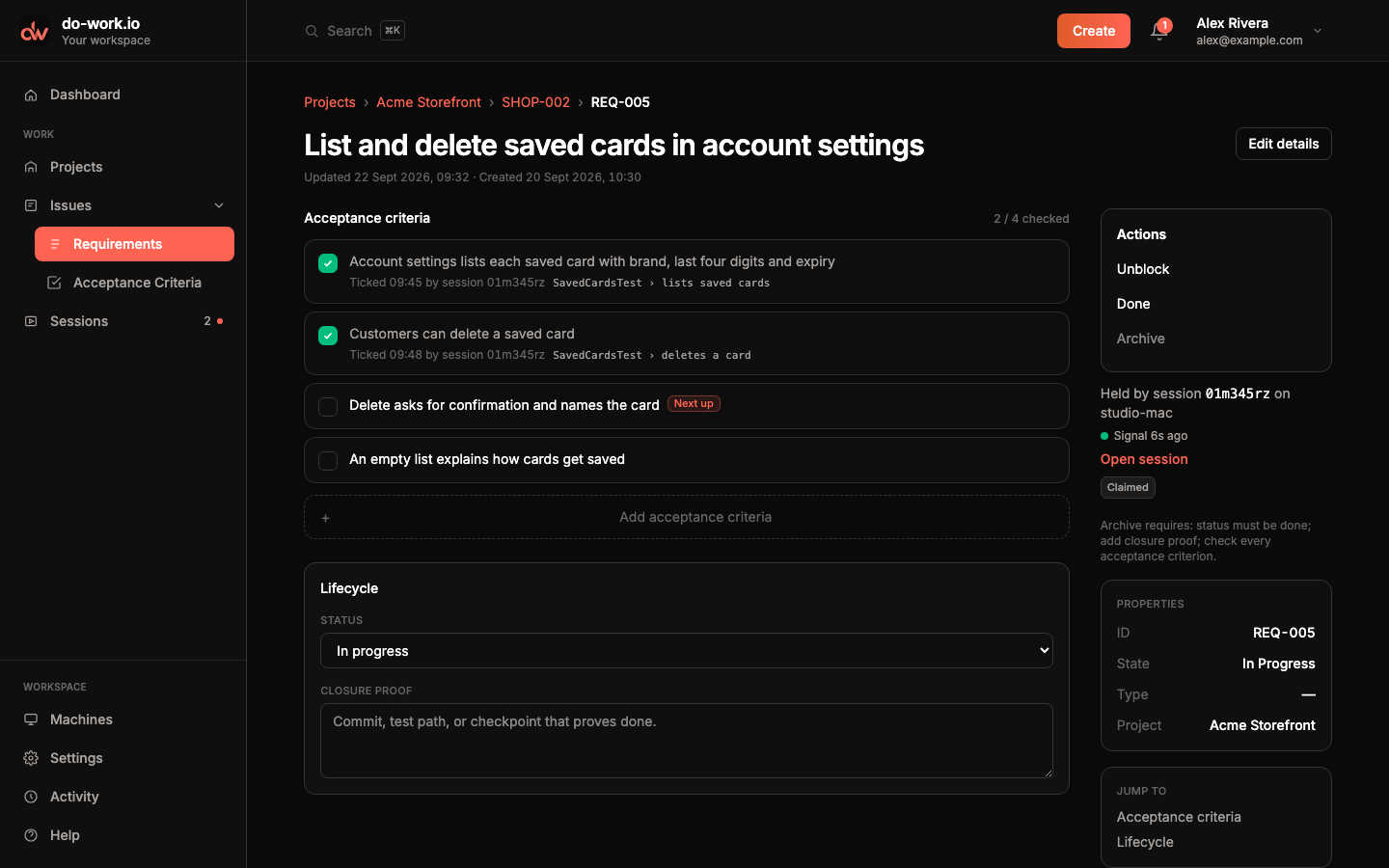 REQ-005 List and delete saved cards in account settings: two of four criteria ticked by a session, the lifecycle panel, and the rail showing the REQ held by a session on studio-mac.
