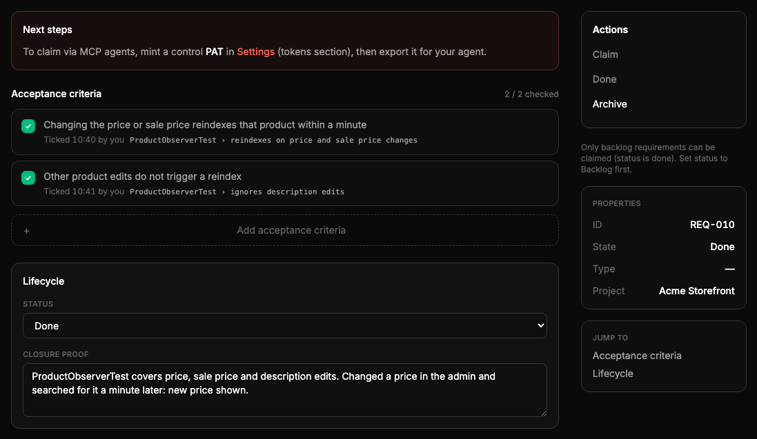 REQ-010, done with both criteria ticked by you and a closure proof, so Archive is available in the Actions rail.