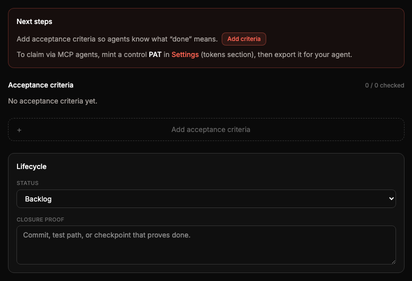 The Next steps box on REQ-008, which has no acceptance criteria yet, above the empty criteria list and the lifecycle panel.