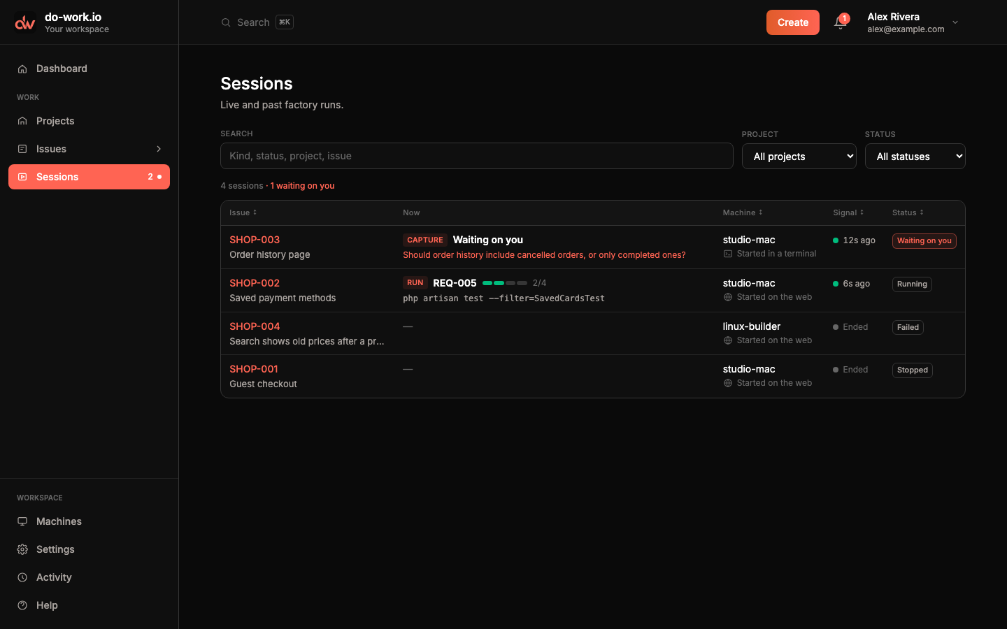 Sessions on All statuses: the two live sessions plus a failed SHOP-004 run on linux-builder and a stopped SHOP-001 run, both marked Ended.