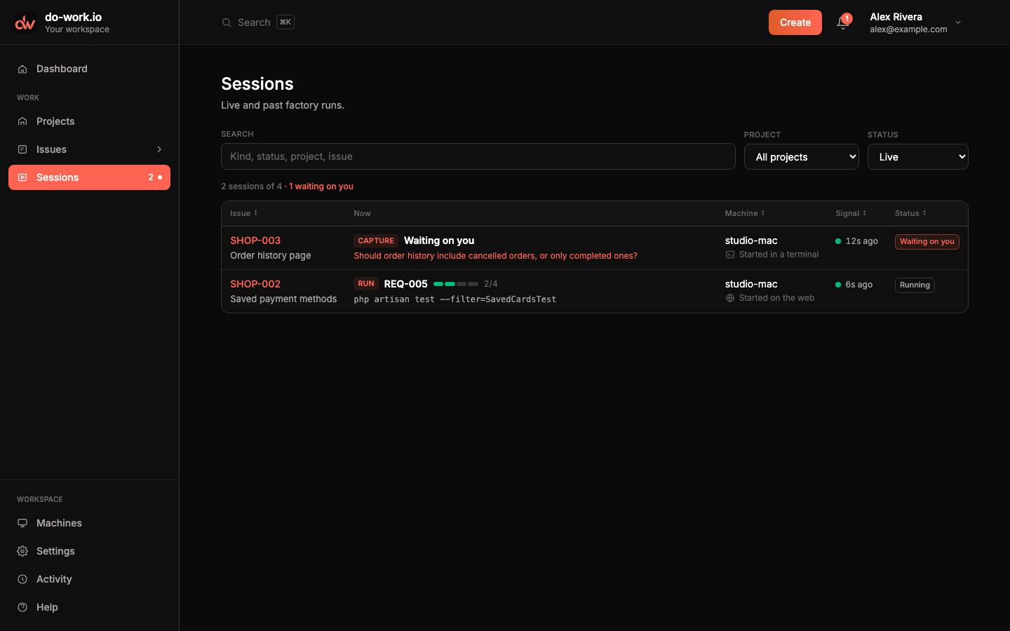 The Sessions list on Live: SHOP-003 in Capture, waiting on you with a question, started in a terminal; SHOP-002 in Run, holding REQ-005 at 2/4 while it runs tests, started on the web.