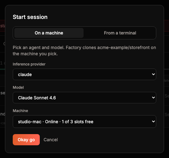 The Start session dialog on the On a machine tab: it will clone acme-example/storefront, with inference provider claude, model Claude Sonnet 4.6, and studio-mac online with 1 of 3 slots free.