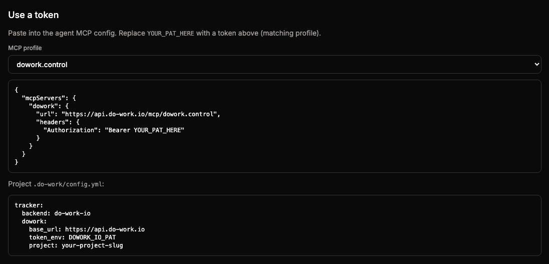 The Use a token section: the MCP profile menu on dowork.control, the mcpServers JSON pointing at https://api.do-work.io/mcp/dowork.control, and the .do-work/config.yml example.